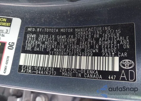 2015 Toyota Corolla Le z USA, uszkodzony, nr VIN 2T1BURHEXFC340899